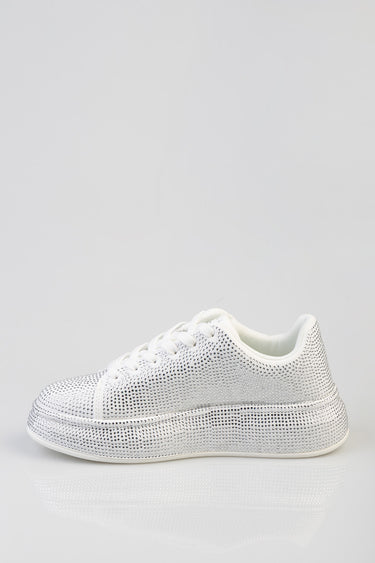 white low top sneaker covered in small rhinestones, side view with white laces and sole