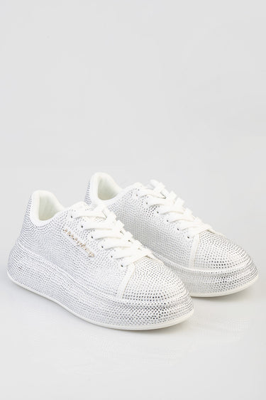 white sneakers with sparkly mesh and white laces, featuring a metallic chain detail by Blue Jean Traders