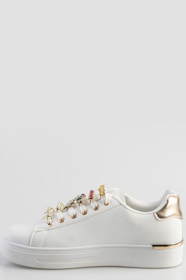 blue jean traders white leather sneaker with jeweled lace charms and gold metallic heel patch