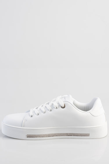 white leather sneakers by Blue Jean Traders with rhinestone embellishment along the sole