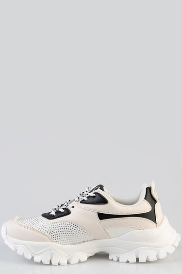 blue jean traders cream and beige sneakers with black panels and chunky white sole