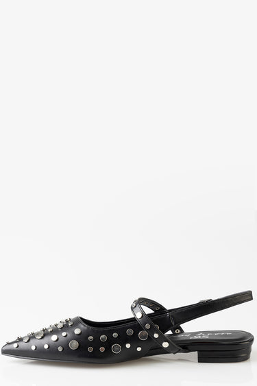 Blue Jean Traders black leather ballet flat with silver studs and a slingback strap