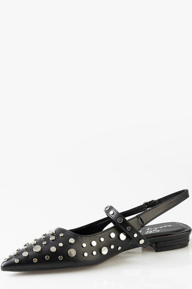 black leather ballet flat with silver studs and a slingback strap