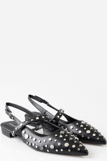 Blue Jean Traders black leather ballet flats with silver studs and a thin ankle strap