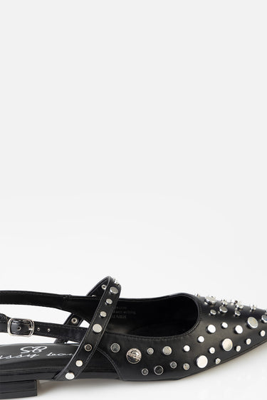 black leather ballet flat with silver studs and an ankle strap