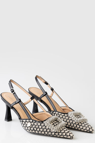 black and beige slingback heels with crystal encrusted pointed toes, woven upper, and mid heels