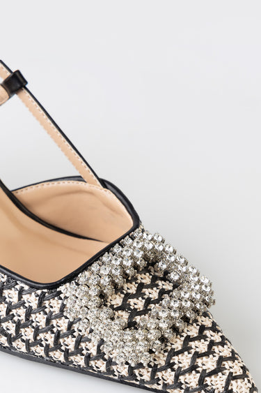 beige and black woven straw heel with rhinestone toe and slim ankle strap