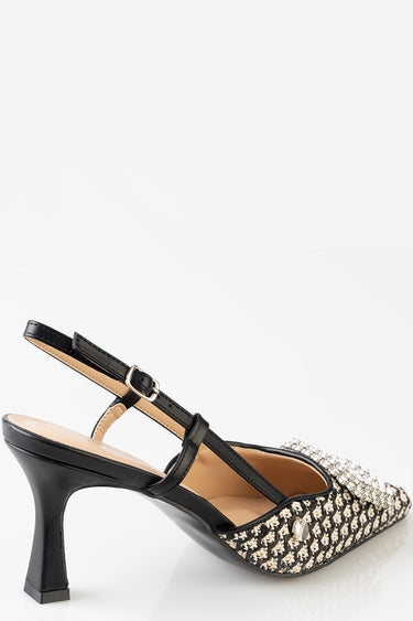 black and beige woven slingback heel with crystal embellishment and a curved mid heel