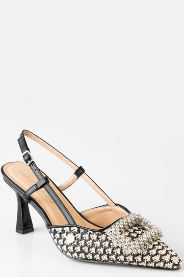 blue jean traders black and beige woven slingback heel with crystal embellishments on the toe and a slim mid heel