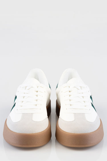 front view of white sneakers with teal side stripes, light beige toe cap and gum sole
