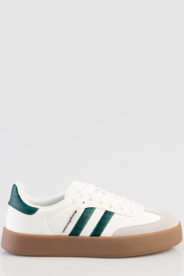 white sneakers with teal side stripes and gum rubber sole by BLUE JEAN TRADERS