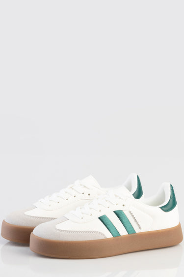 white sneakers with teal stripes and a gum sole from Blue Jean Traders