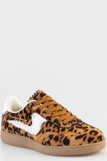 blue jean traders leopard print sneaker with white stitched side panel and tan sole