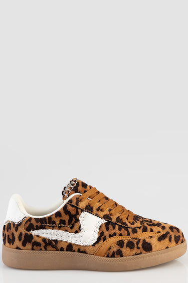 leopard print sneakers with white stitched side stripe and gum brown sole by Blue Jean Traders