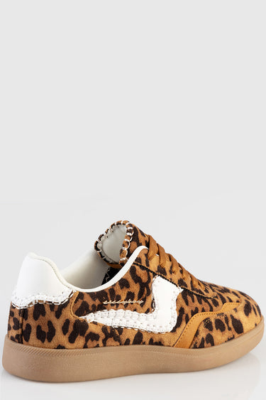 leopard print sneakers by Blue Jean Traders with white stitching and a tan gum sole