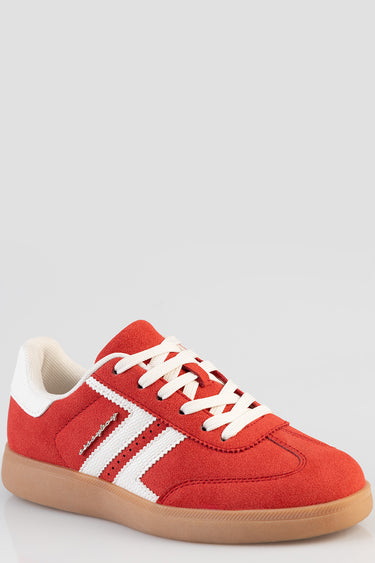 red suede sneaker with white stripes and laces, gum rubber sole, blue jean traders branding