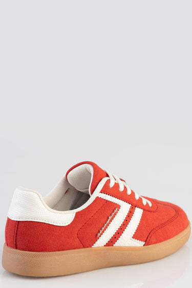 red suede sneaker with white stripes and laces, light gum sole and white heel collar