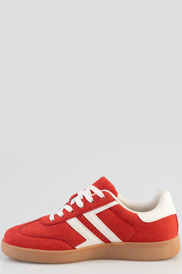 red suede sneakers with white stripes and a tan gum sole by blue jean traders
