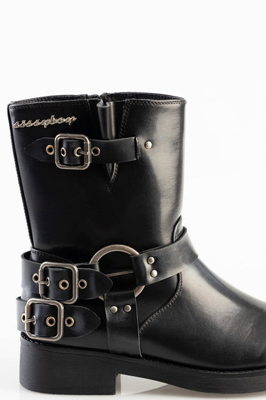 blue jean traders black boot with multiple silver buckles and strap details