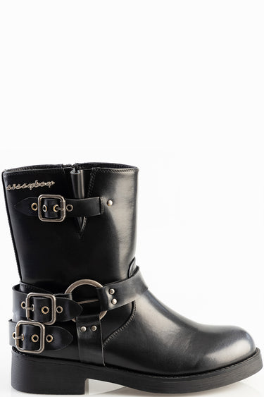 Blue Jean Traders black leather boot with three buckle straps and metal hardware side view