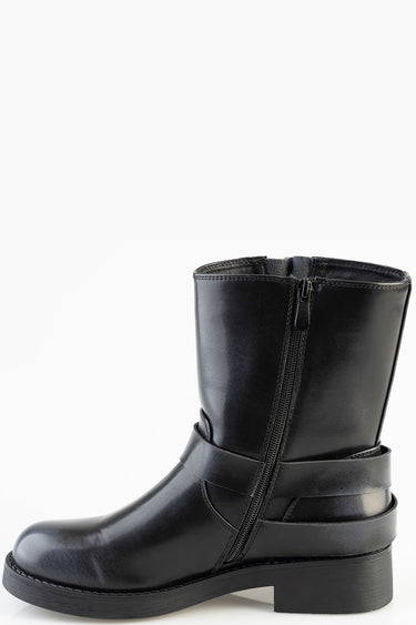 blue jean traders black leather mid calf boot with side zip and ankle strap