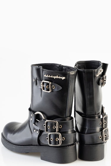 black leather mid calf boots with multiple buckle straps and metal hardware by Blue Jean Traders