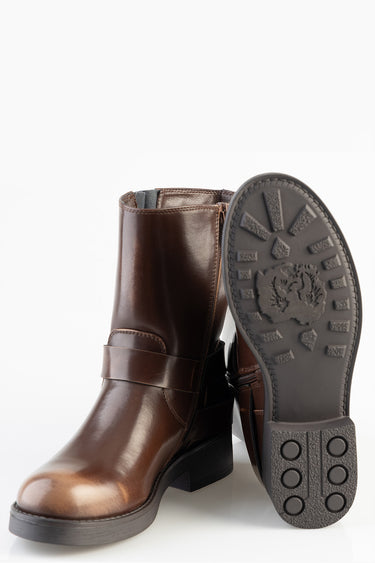 brown leather ankle boots with a strap detail and chunky heel, rugged treaded sole visible
