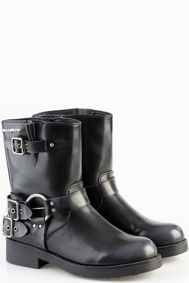black leather mid calf boots with two wide straps and silver buckles by Blue Jean Traders
