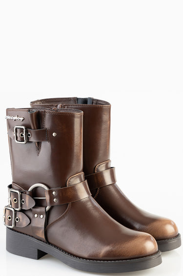brown leather mid calf boots with silver buckles and strap details against a white background