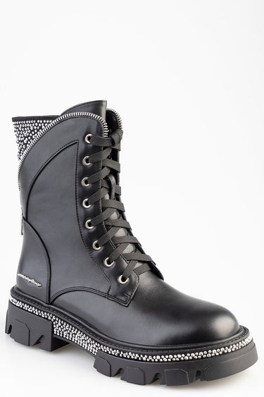black lace-up combat boot with silver rhinestone accents around the sole and collar and a chunky lug tread