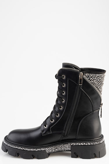 black leather ankle boot with a lace-up front, side zipper, and silver stud detailing along the collar and sole, chunky