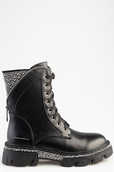 Blue Jean Traders black leather combat boot with crystal studded collar and thick tread sole.