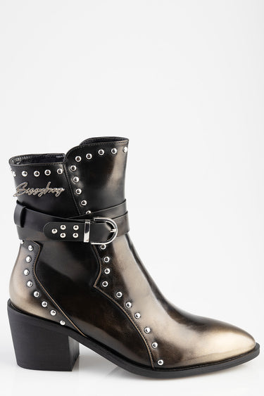 black metallic leather ankle boot with silver studs, a belted strap and buckle, and a chunky heel
