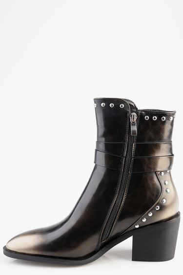black leather ankle boot with a metallic finish, silver stud trim at the top and heel, and a chunky heel.