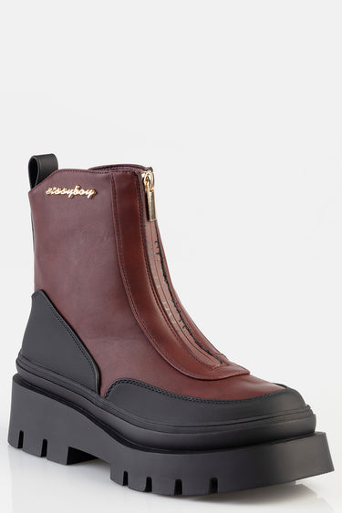 burgundy leather Francesca boot by Blue Jean Traders with black chunky platform sole, gold zipper pull, and gold logo at