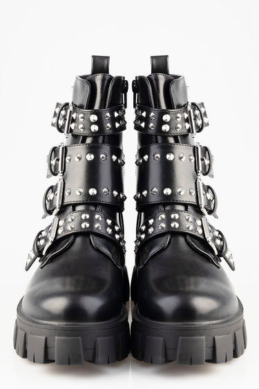 black leather ankle boots with multiple wide straps adorned with silver studs and chunky lug soles by Blue Jean Traders
