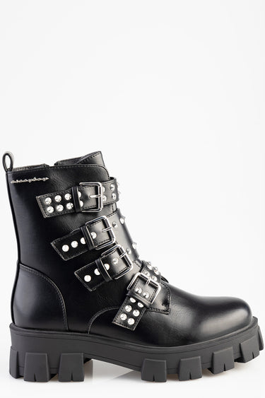 black leather boot with four silver studded buckles and a chunky tread sole