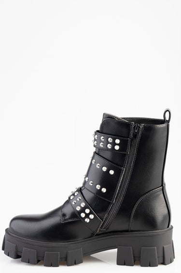 black leather ankle boot with silver studded straps, side zipper and chunky lug sole