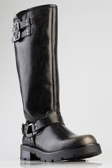black knee high boot in polished leather with two buckle straps and a chunky sole