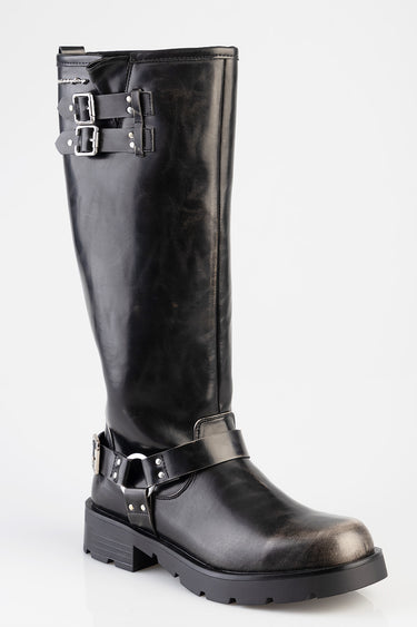 black knee high boot with two silver buckles and a chunky sole in smooth leather by Blue Jean Traders