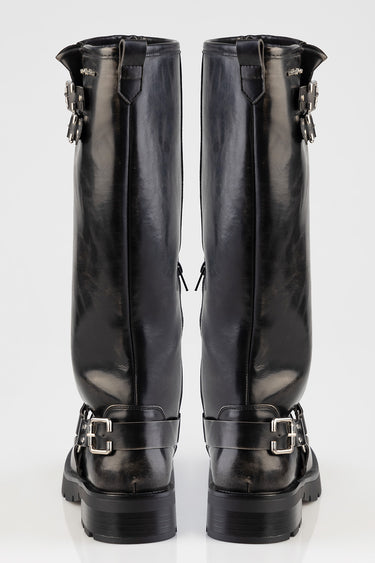 blue jean traders black leather knee high boots with ankle buckles and chunky soles back view