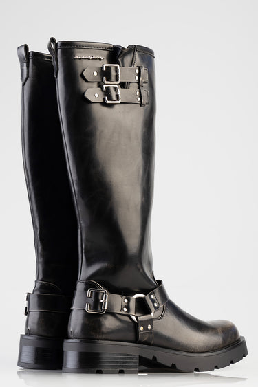 Blue Jean Traders knee high black leather boots with two buckles at the shaft and ankle and a chunky sole