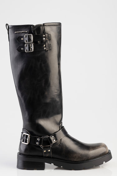black knee high boot with two straps and silver buckles over a chunky sole