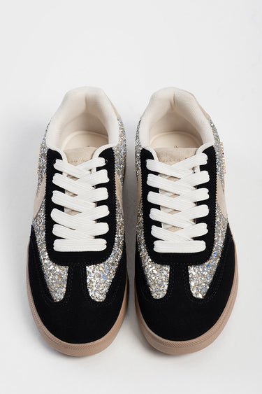 Blue Jean Traders glitter sneakers with black suede toe, white laces, silver glitter panels and beige sole