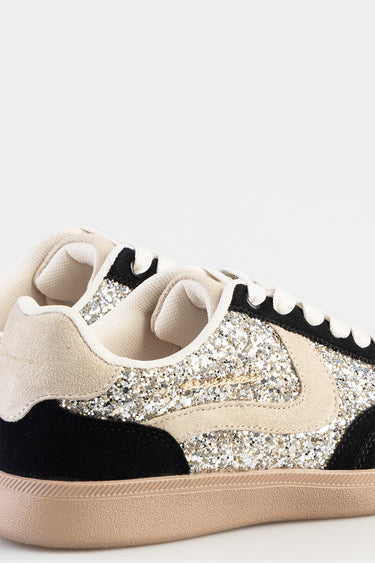 Blue Jean Traders glitter sneakers with beige suede panels, black accents, white laces and a tan gum sole