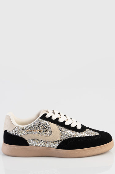 glitter silver and beige sneaker with black suede overlays and white laces, gum sole