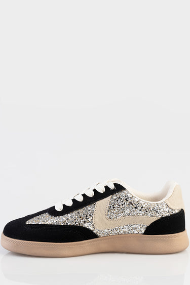 Blue Jean Traders glitter panel sneakers with black suede toe and beige swoosh on gum sole