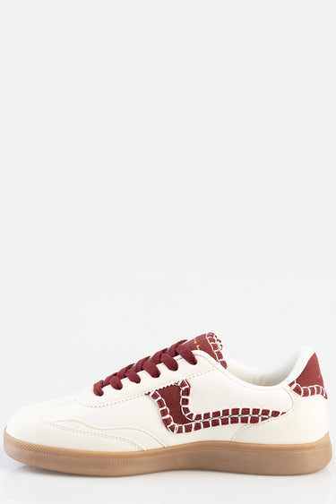 white sneakers with maroon stitched panels and a gum sole by Blue Jean Traders