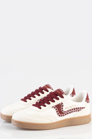 white sneakers with maroon laces and stitched maroon side panels and gum sole by Blue Jean Traders