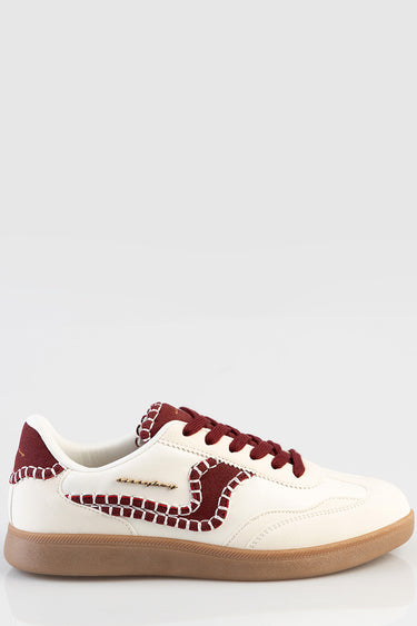 Blue Jean Traders sneakers in cream with burgundy panels and gum sole